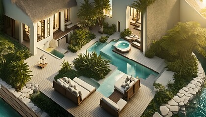 Stunning luxury backyard view of pool, chaise lounges, garden, pergola with hot tub. Modern and sleek, it has an effortless boho inspired, resort like feel. Inspired by Tulum, Mexico's eco-chic feel. - obrazy, fototapety, plakaty