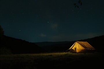 Tourist tent at night, Night sky with many stars, tourist tent at the hill closeup, yellow tent and...