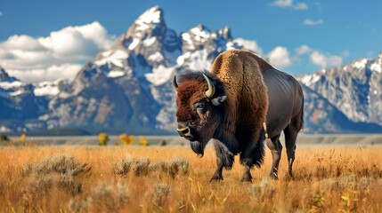 Majestic American Bison Roaming Free in the Wild, Stunning Mountain Landscape in the Background,...