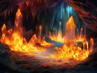 A cave with a lava flow and a path of crystals