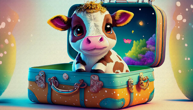 oil painting style CARTOON CHARACTER CUTE baby cow sitting on open suitcase the pet in the trip 