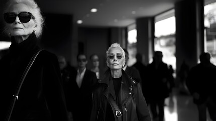 Portrait of elegant older woman with short hair, in rebellious and defiant attitude