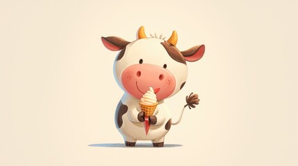 A charming cow cartoon character holding a delightful ice cream cone in a cartoon rendered illustration