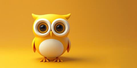 Obraz premium cute yellow cartoon owl with big eyes on orange background three dimensional character, copy space for text 