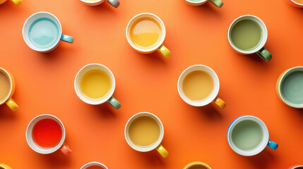 colorful array of tea cups viewed from above on a vibrant orange background