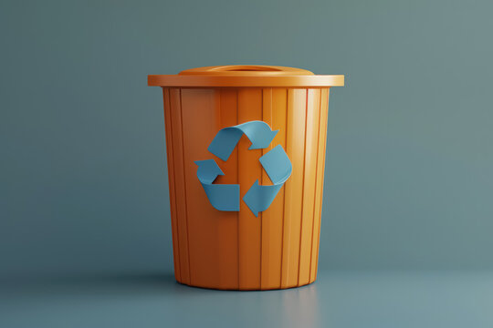 orange recycling bin with blue recycling symbol on teal background, three dimensional 