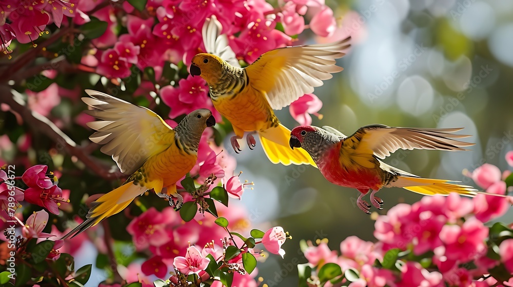 Wall mural A Trio of Colorful Parrots in Mid-Flight, Capturing the Vibrant Essence of Tropical Skies