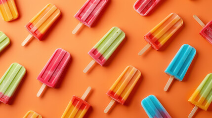 colorful popsicle explosion on orange background with various flavors top view