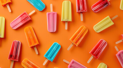 summer delight with rows of multicolored popsicles on bright orange background