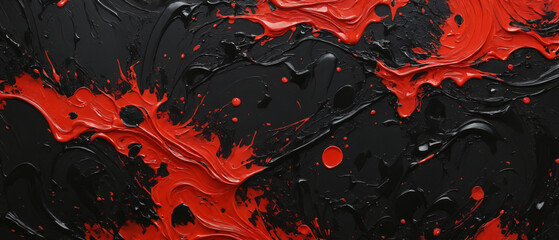 Red paint stains on a black paint base, abstract wallpaper - obrazy, fototapety, plakaty