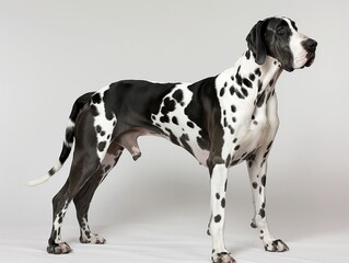 A large black and white dog with a large black penis. The dog is standing in front of a white background