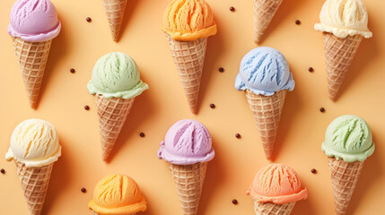 assorted ice cream cones with different flavors on a soft orange background, top view 