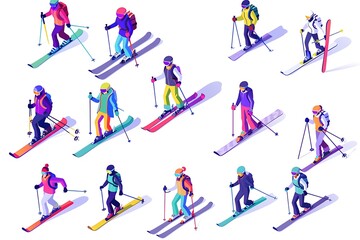 Fototapeta na wymiar Skiing isometric set. Isometric people doing skiing and snowboarding isometric set vector illustration .