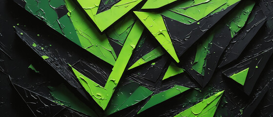 Neon green abstract paint triangle geometry on a black paint base, wallpaper