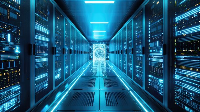 A parallel row of servers, adorned in electric blue, fills a technology-driven data center hallway with a symmetrical display of power and Azure technology. AIG41