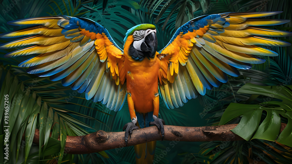 Poster a macaw with vibrant. multicolored patterns on its feathers is displayed against a tropical backgrou