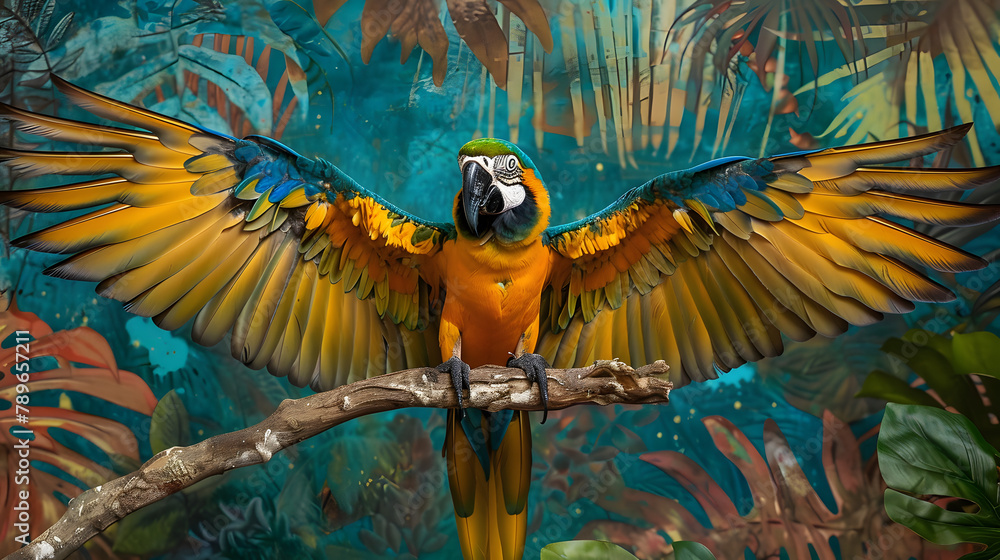 Poster a macaw with vibrant. multicolored patterns on its feathers is displayed against a tropical backgrou