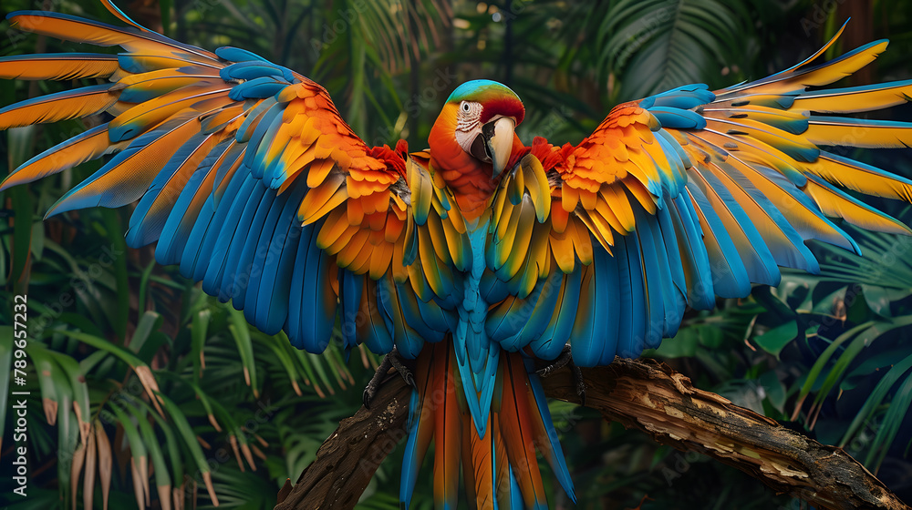Poster a macaw with vibrant. multicolored patterns on its feathers is displayed against a tropical backgrou