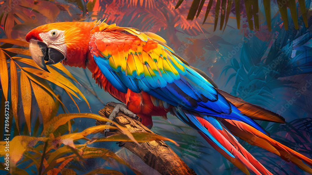 Aufkleber a macaw with vibrant. multicolored patterns on its feathers is displayed against a tropical backgrou