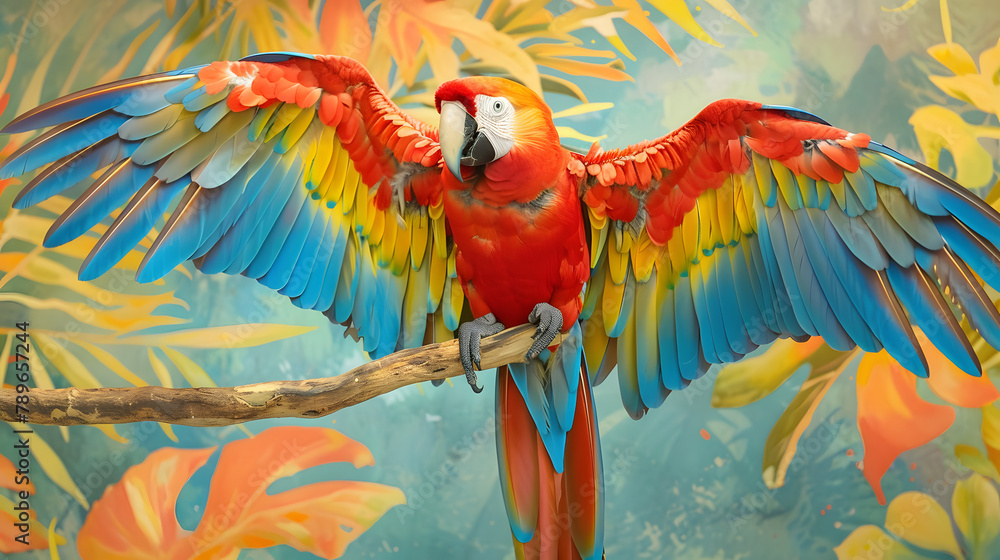 Poster a macaw with vibrant. multicolored patterns on its feathers is displayed against a tropical backgrou