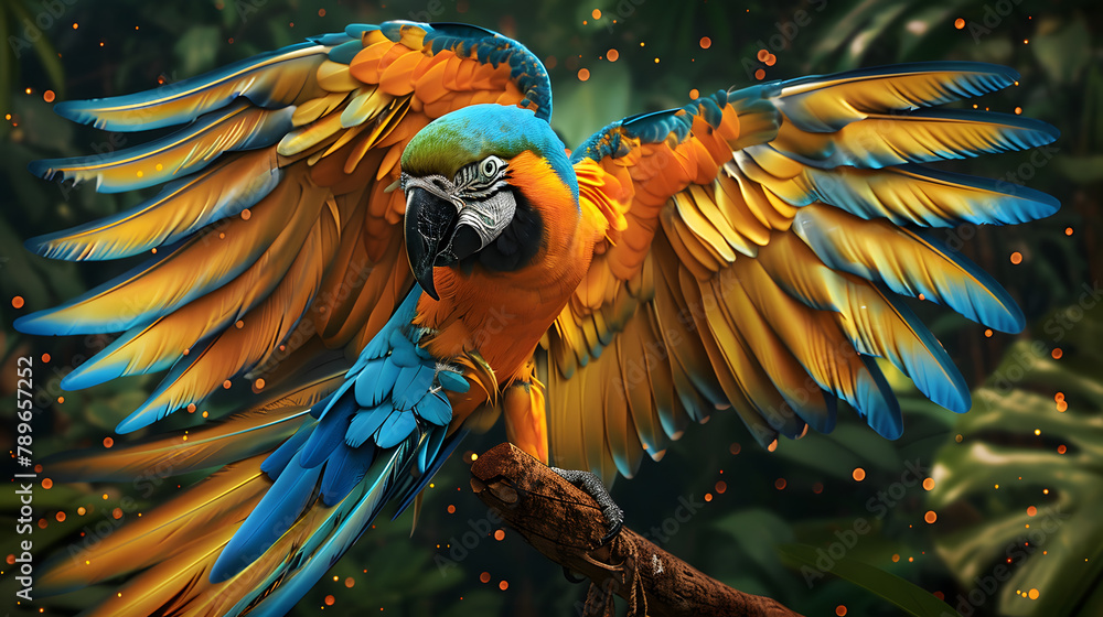 Poster a macaw with vibrant. multicolored patterns on its feathers is displayed against a tropical backgrou