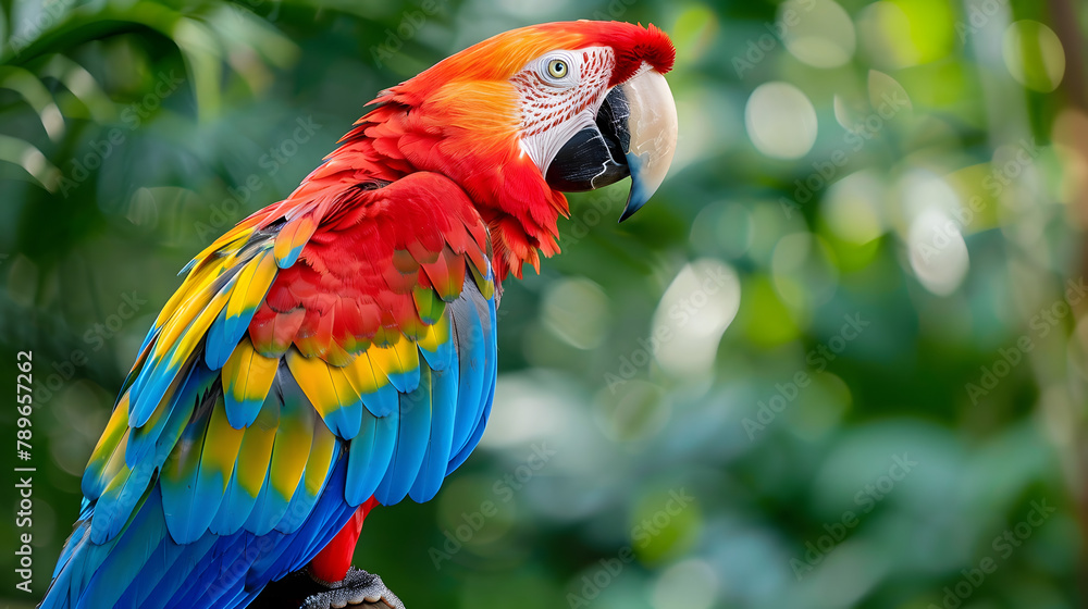 Aufkleber a macaw with vibrant. multicolored patterns on its feathers is displayed against a tropical backgrou