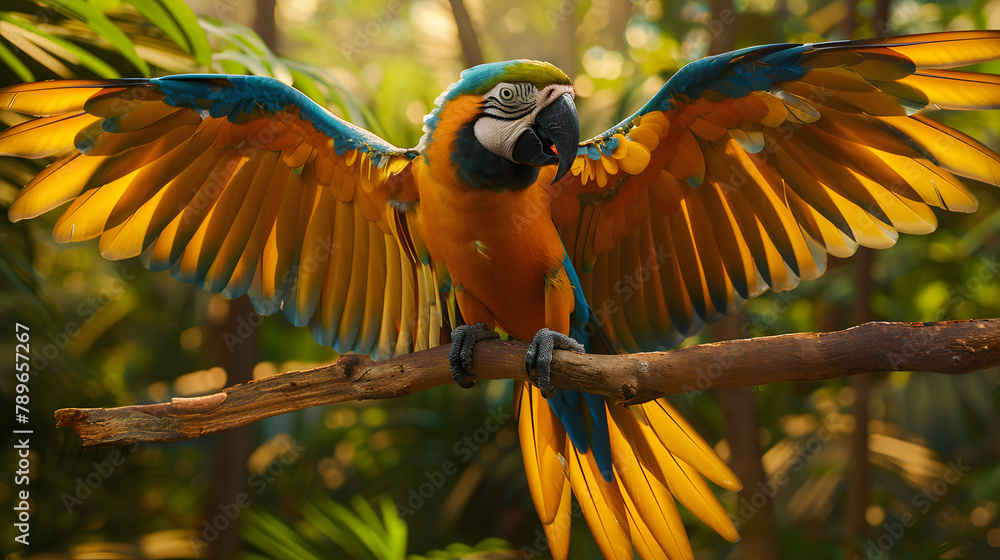 Aufkleber a macaw with vibrant. multicolored patterns on its feathers is displayed against a tropical backgrou