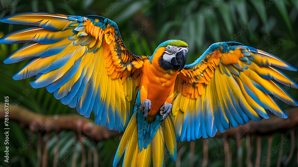 Poster a macaw with vibrant. multicolored patterns on its feathers is displayed against a tropical backgrou