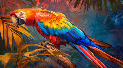 A macaw with vibrant. multicolored patterns on its feathers is displayed against a tropical background. The colors include bright blue and yellow hues along the wings outline