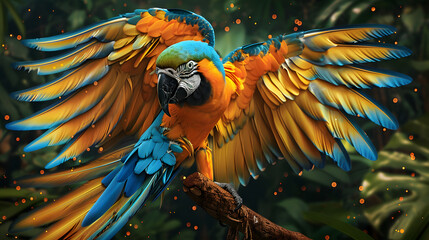 A macaw with vibrant. multicolored patterns on its feathers is displayed against a tropical background. The colors include bright blue and yellow hues along the wings outline - obrazy, fototapety, plakaty