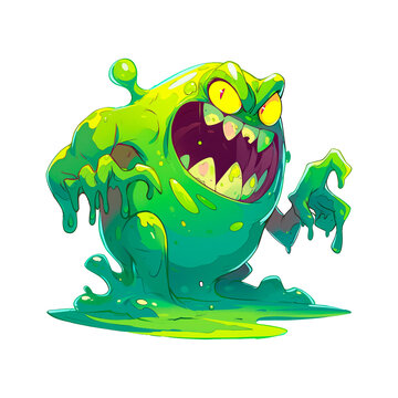 Green slime monster isolated on transparent background. Halloween character concept. Cartoon illustration for design and print