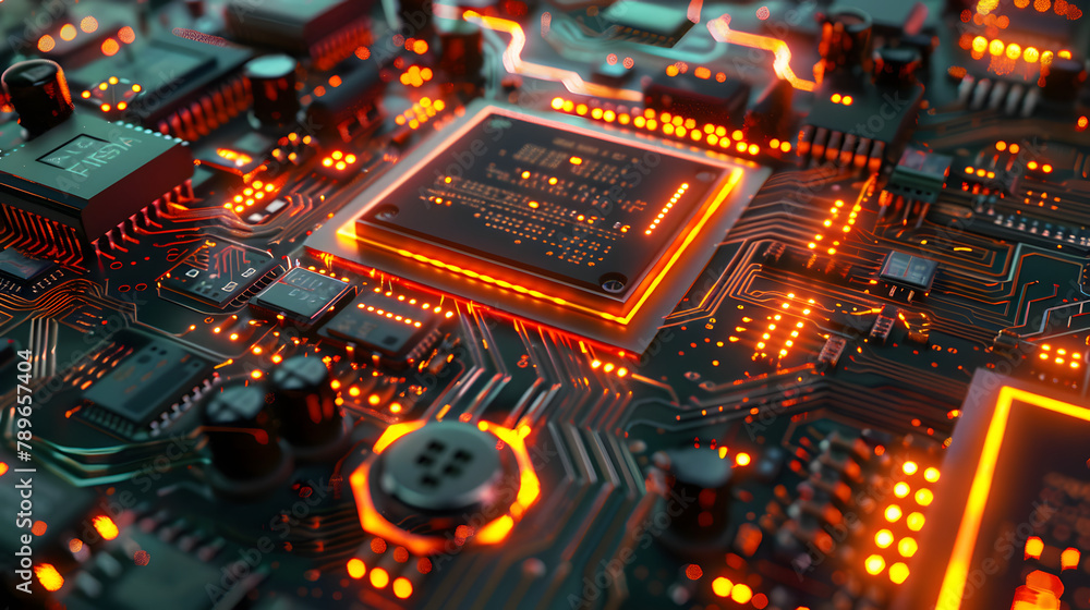 Poster a magnified image of an innovative resistor on the mainboard. presenting its detailed scheme and glo
