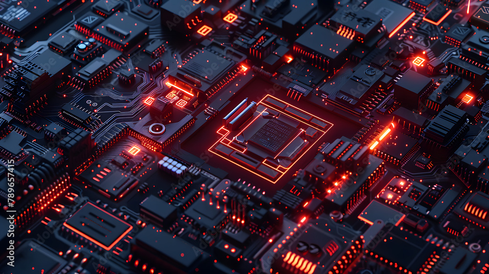 Poster a magnified image of an innovative resistor on the mainboard. presenting its detailed scheme and glo