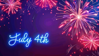 american independence day celebration with july fourth neon typography and festive fireworks - obrazy, fototapety, plakaty
