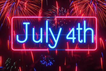 july fourth celebration with vibrant neon sign and colorful fireworks display - obrazy, fototapety, plakaty