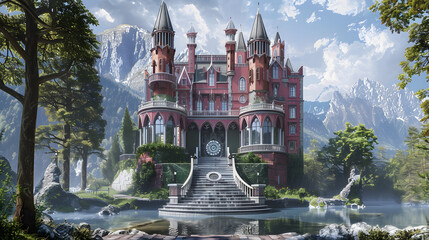 A majestic ruby castle with expansive balconies and turrets. featuring a grand marble sundial at its entrance. The structure is surrounded by oak trees and a tranquil pond lies before it - obrazy, fototapety, plakaty