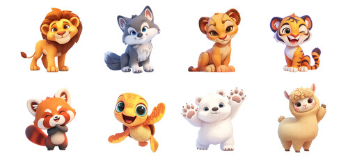 Set of cute animal characters isolated on transparent background. Cartoon style illustration. 3D elements for design, print