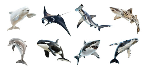 Set of marine animals isolated on transparent background. Hammerhead shark, orca whale, dolphin, manta ray, leopard shark, beluga whale.