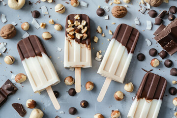 gourmet chocolate and vanilla ice pops with nuts and coconut shavings on blue background