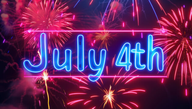 patriotic celebration with july fourth blue neon sign amidst dazzling fireworks display