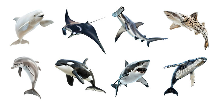 Set of marine animals isolated on transparent background. Hammerhead shark, orca whale, dolphin, manta ray, leopard shark, beluga whale.
