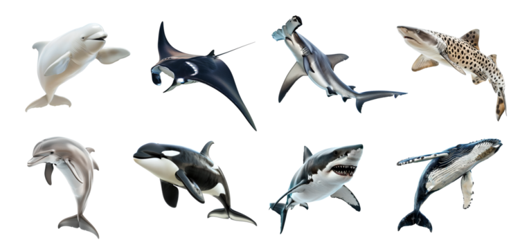 Set of marine animals isolated on transparent background. Hammerhead shark, orca whale, dolphin, manta ray, leopard shark, beluga whale.