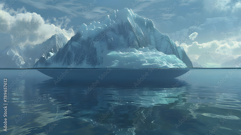 Poster a massive iceberg floating in the ocean. with most of its surface submerged and only one small porti