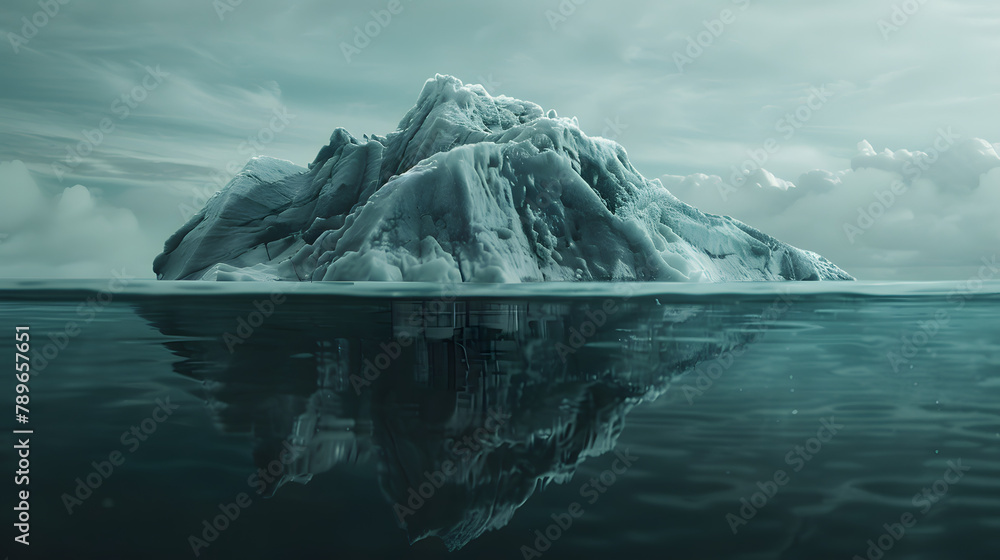 Poster a massive iceberg floating in the ocean. with most of its surface submerged and only one small porti