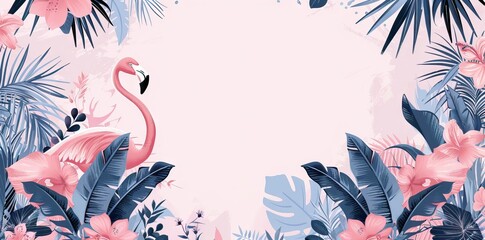 Watercolor tropical wildlife, flamingo bird, seamless. Hand Drawn jungle nature, flowers illustration. Print for textile, cloth, wallpaper, scrapbooking. AI generated illustration - obrazy, fototapety, plakaty