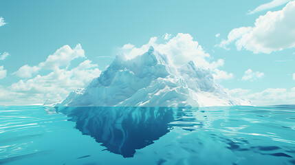 A massive iceberg floating in the ocean. with most of its surface submerged and only one small portion showing above water. The underwater part is depicted as smooth ice