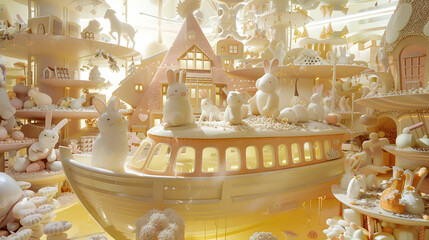 A modern confectionery plant with complex houses made of marzipan and Easter bunnies made of sweets. A boat sculpted from white chocolate serves as the main transport system inside
