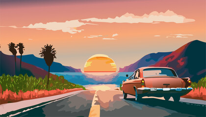 Fototapeta na wymiar Vintage car on the road in the desert at sunset