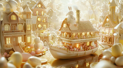 A modern confectionery plant with complex houses made of marzipan and Easter bunnies made of sweets. A boat sculpted from white chocolate serves as the main transport system inside - obrazy, fototapety, plakaty