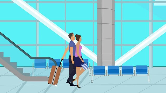 Cartoon Flat animation of Couple walking in the airport with baggage, traveling time